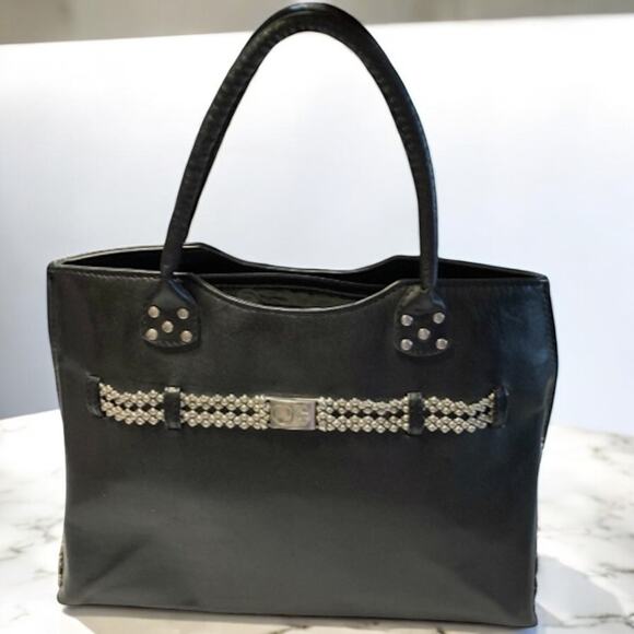 Sergio Gutierrez SG Liquid Metal Black Leather Tote Bag Italy Silver Mesh Chic - Picture 2 of 13